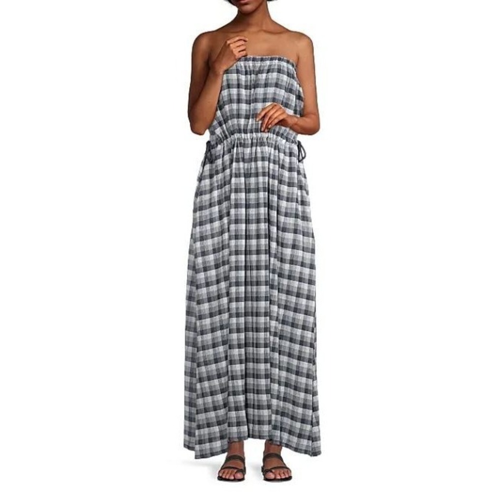 Emporio Armani Size 36 IT/2US Strapless Gingham Maxi Dress Navy Drawstring Waist
